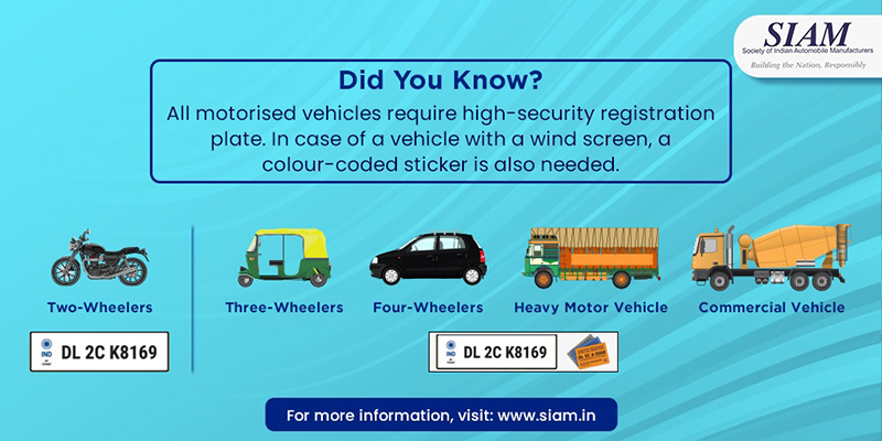 All motorised vehicles require high-security registration plate. In case of a vehicle with a wind screen, a colour-coded sticker is also needed.